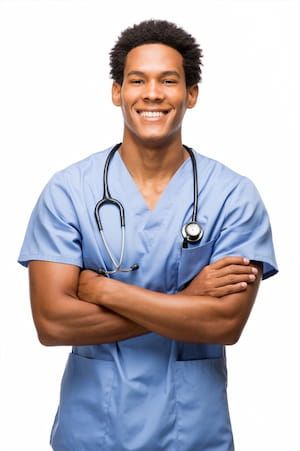 Smiling male nurse in blue scrubs.